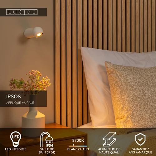 Lucide IPSOS - Applique murale Salle de bains - LED - 1x6W 2700K - IP54 - Blanc - USP